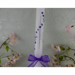 Kommunionkerze Taufkerze lang Mädchen Jungen lila silber Herzen Name Datum individualisierbar