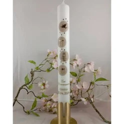 Kommunionkerze Taufkerze lang christliche Symbole Mädchen Jungen Name Datum individualisierbar 400/40 mm