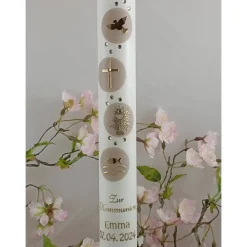 Kommunionkerze Taufkerze lang christliche Symbole Mädchen Jungen Name Datum individualisierbar 400/40 mm