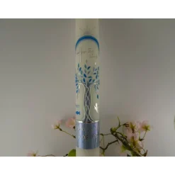 Kommunionkerze Taufkerze lang Jungen Lebensbaum silber blau Baum des Lebens Kreuz Regenbogen Name Datum