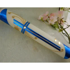 Kommunionkerze Taufkerze lang Mädchen Jungen blau gold Kreuz Taube Schleife Name Datum individualisierbar 300/50 mm oder 400/40 mm