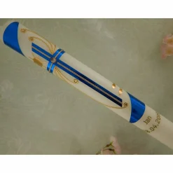 Kommunionkerze Taufkerze lang Mädchen Jungen blau gold Kreuz Taube Schleife Name Datum individualisierbar 300/50 mm oder 400/40 mm