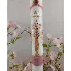 Kommunionkerze Taufkerze lang Mädchen Lebensbaum rosagold Baum des Lebens Kreuz Regenbogen Name Datum individualis