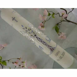 Kommunionkerze Taufkerze lang Jungen Lebensbaum silber Baum des Lebens Kreuz Schmetterlinge Name Datum individualisierbar 300/50 mm