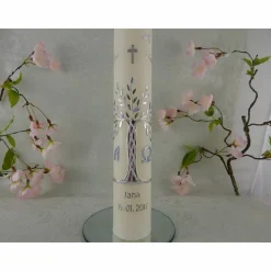 Kommunionkerze Taufkerze lang Jungen Lebensbaum silber Baum des Lebens Kreuz Schmetterlinge Name Datum individualisierbar 300/50 mm