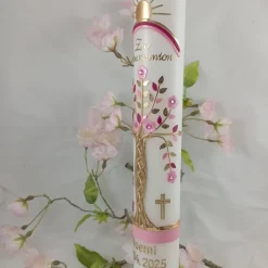 Kommunionkerze Taufkerze lang Mädchen Lebensbaum rosagold Baum des Lebens Kreuz Regenbogen Name Datum Design KKR2040