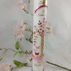 Kommunionkerze Taufkerze lang Mädchen Lebensbaum rosagold Baum des Lebens Kreuz Regenbogen Name Datum Design KKR2040