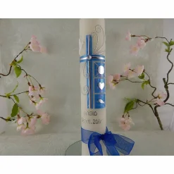 Kommunionkerze Taufkerze lang Mädchen Jungen blau silber Kreuz Taube Schleife Name Datum individualisierbar 300/50 mm oder 400/40 mm