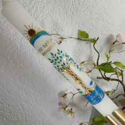 Kommunionkerze Taufkerze lang Mädchen Jungen Lebensbaum blau grün gold Baum des Lebens Kreuz Regenbogen Name Datum