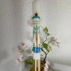 Kommunionkerze Taufkerze lang Mädchen Jungen Lebensbaum blau grün gold Baum des Lebens Kreuz Regenbogen Name Datum