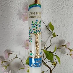 Kommunionkerze Taufkerze lang Mädchen Jungen Lebensbaum blau grün gold Baum des Lebens Kreuz Regenbogen Name Datum