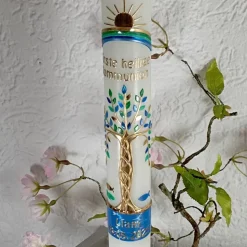 Kommunionkerze Taufkerze lang Mädchen Jungen Lebensbaum blau grün gold Baum des Lebens Kreuz Regenbogen Name Datum