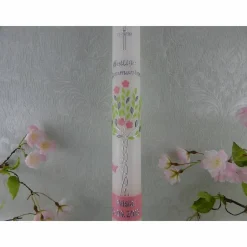 Kommunionkerze Taufkerze lang Mädchen Lebensbaum rosa grün silber Baum des Lebens Kreuz Sterne Name Datum individualisierbar