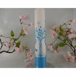 Kommunionkerze Taufkerze lang Jungen Lebensbaum blau silber Baum des Lebens Kreuz Schmetterlinge Name Datum individualisierbar 300/50 mm