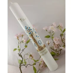 Kommunionkerze Taufkerze lang Mädchen Jungen Lebensbaum gold blau  Baum des Lebens Kreuz Regenbogen Name Datum