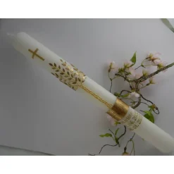 Kommunionkerze Taufkerze lang Mädchen Lebensbaum  gold Baum des Lebens Kreuz Regenbogen Name Datum individualisierbar 400/40 mm