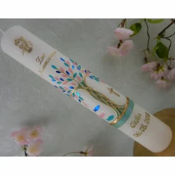 Kommunionkerze Taufkerze lang Mädchen Lebensbaum rosa blau grün gold Baum des Lebens Kreuz Fische Kelch Name Datum individualisierbar