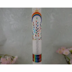 Kommunionkerze Taufkerze lang Mädchen Lebensbaum rosa silber Baum des Lebens Kreuz Regenbogen Name Datum individualisierbar 400/40 mm