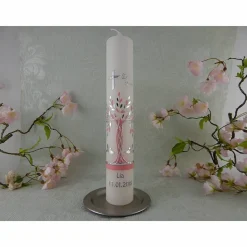 Kommunionkerze Taufkerze lang Mädchen Lebensbaum rosa silber Baum des Lebens Kreuz Sterne Name Datum individualisierbar