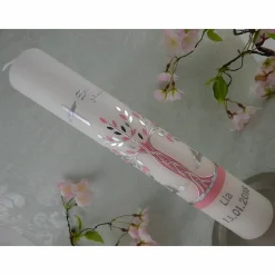 Kommunionkerze Taufkerze lang Mädchen Lebensbaum rosa silber Baum des Lebens Kreuz Sterne Name Datum individualisierbar