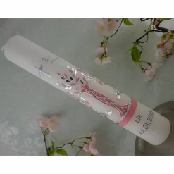 Kommunionkerze Taufkerze lang Mädchen Lebensbaum rosa silber Baum des Lebens Kreuz Sterne Name Datum individualisierbar