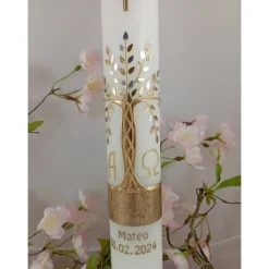 Kommunionkerze Taufkerze lang Mädchen Jungen Lebensbaum gold silber Baum des Lebens Kreuz  Name Datum individualisierbar