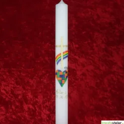 Kommunionkerze Taufkerze „Weites Herz – offene Augen“: Kunstvolles Mosaik aus handgefertigten Echtwachskacheln mit Regen