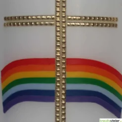 Kommunionkerze Taufkerze „Weites Herz – offene Augen“: Kunstvolles Mosaik aus handgefertigten Echtwachskacheln mit Regen