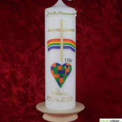 Kommunionkerze Taufkerze „Weites Herz – offene Augen“: Kunstvolles Mosaik aus handgefertigten Echtwachskacheln mit Regen