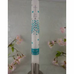 Kommunionkerze Taufkerze lang Jungen Lebensbaum mint silber Baum des Lebens Kreuz Sterne Name Datum individualisierbar