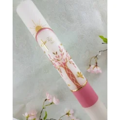 Kommunionkerze Taufkerze lang Mädchen Lebensbaum rosa gold Baum des Lebens Kreuz Regenbogen Name Datum individualisierbar 400/40 mm