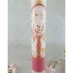 Kommunionkerze Taufkerze lang Mädchen Lebensbaum rosa gold Baum des Lebens Kreuz Regenbogen Name Datum individualisierbar 400/40 mm