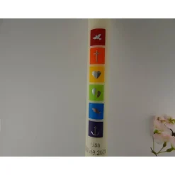 Kommunionkerze Taufkerze lang Mädchen Jungen bunt silber Kreuz Taube Fisch Name Datum individualisierbar