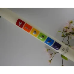 Kommunionkerze Taufkerze lang Mädchen Jungen bunt silber Kreuz Taube Fisch Name Datum individualisierbar