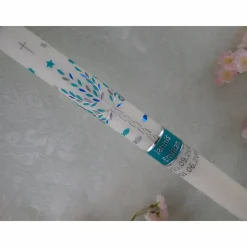 Kommunionkerze Taufkerze lang Jungen Lebensbaum mint silber Baum des Lebens Fische Namenskette Name Datum individualisierbar