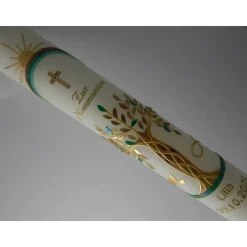 Kommunionkerze Taufkerze lang Jungen Lebensbaum gold grün Baum des Lebens Kreuz Regenbogen Name Datum