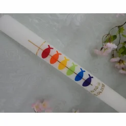Kommunionkerze Taufkerze lang Mädchen Jungen bunt gold Kreuz Fische Name Datum individualisierbar