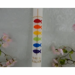 Kommunionkerze Taufkerze lang Mädchen Jungen bunt gold Kreuz Fische Name Datum individualisierbar