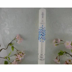 Kommunionkerze Taufkerze lang Jungen Lebensbaum blau silber Baum des Lebens Kreuz  Name Datum individualisierbar 400/40 mm