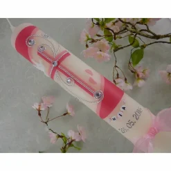 Kommunionkerze Taufkerze lang Mädchen Jungen pink silber Kreuz Taube Schleife Name Datum individualisierbar 300/50 mm oder 400/40 mm