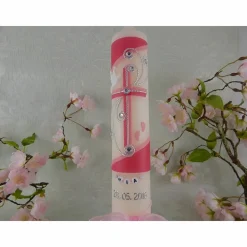 Kommunionkerze Taufkerze lang Mädchen Jungen pink silber Kreuz Taube Schleife Name Datum individualisierbar 300/50 mm oder 400/40 mm