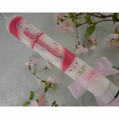 Kommunionkerze Taufkerze lang Mädchen Jungen pink silber Kreuz Taube Schleife Name Datum individualisierbar 300/50 mm oder 400/40 mm