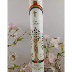 Kommunionkerze Taufkerze lang Mädchen Jungen Lebensbaum regenbogen  Baum des Lebens Kreuz Regenbogen Name Datum i