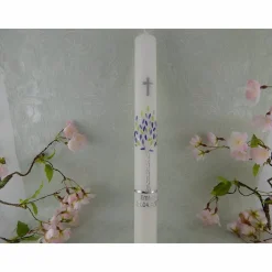 Kommunionkerze Taufkerze lang Mädchen Lebensbaum flieder grün silber Baum des Lebens Kreuz Name Datum individualisierbar