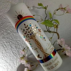 Kommunionkerze Taufkerze Mädchen Jungen Lebensbaum bunt gold Baum des Lebens  Name Datum Spruch individualisierbar