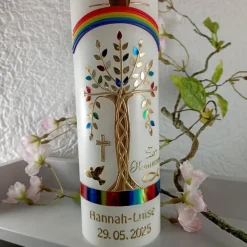 Kommunionkerze Taufkerze Mädchen Jungen Lebensbaum bunt gold Baum des Lebens  Name Datum Spruch individualisierbar