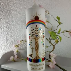 Kommunionkerze Taufkerze Mädchen Jungen Lebensbaum bunt gold Baum des Lebens  Name Datum Spruch individualisierbar
