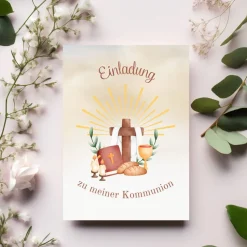 Kommunionseinladungskarten 10er-Set, Kommunionseinladungen mit christlichen Symbolen, Einladung Erstkommunion