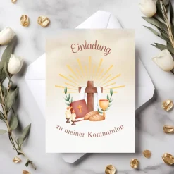 Kommunionseinladungskarten 10er-Set, Kommunionseinladungen mit christlichen Symbolen, Einladung Erstkommunion