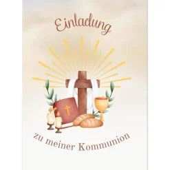 Kommunionseinladungskarten 10er-Set, Kommunionseinladungen mit christlichen Symbolen, Einladung Erstkommunion